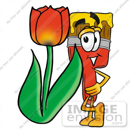 #28052 Clip Art Graphic of a Red Paintbrush With Yellow Paint Cartoon Character With a Red Tulip Flower in the Spring by toons4biz