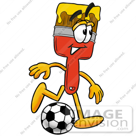 #28057 Clip Art Graphic of a Red Paintbrush With Yellow Paint Cartoon Character Kicking a Soccer Ball by toons4biz