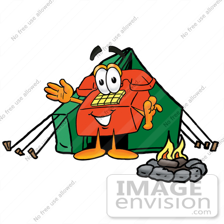 #28060 Clip Art Graphic of a Red Landline Telephone Cartoon Character Camping With a Tent and Fire by toons4biz