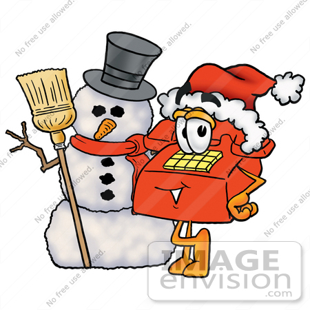 #28061 Clip Art Graphic of a Red Landline Telephone Cartoon Character With a Snowman on Christmas by toons4biz