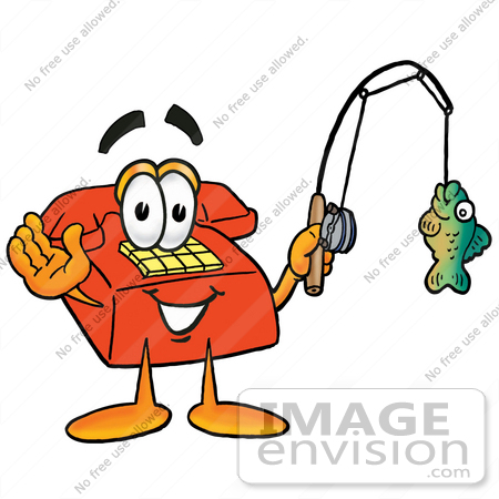 #28062 Clip Art Graphic of a Red Landline Telephone Cartoon Character Holding a Fish on a Fishing Pole by toons4biz