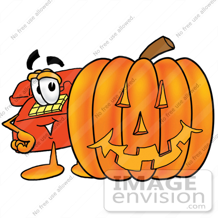 #28063 Clip Art Graphic of a Red Landline Telephone Cartoon Character With a Carved Halloween Pumpkin by toons4biz