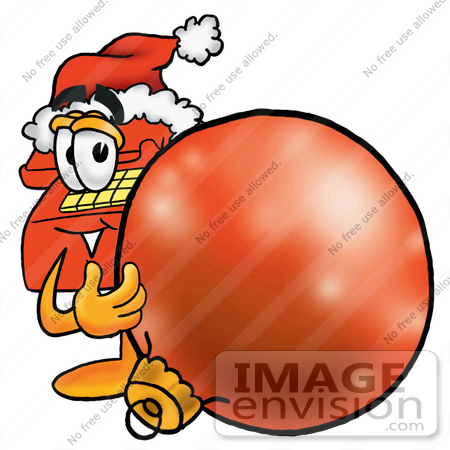#28064 Clip Art Graphic of a Red Landline Telephone Cartoon Character Wearing a Santa Hat, Standing With a Christmas Bauble by toons4biz