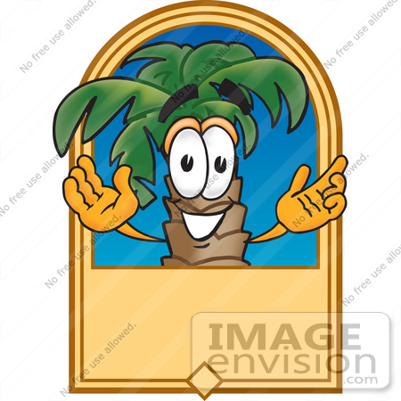 #28069 Clip Art Graphic of a Tropical Palm Tree Cartoon Character on a Blank Tan Label Logo by toons4biz
