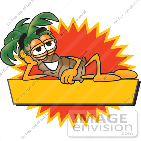 #28070 Clip Art Graphic of a Tropical Palm Tree Cartoon Character Reclining Over a Blank Yellow Label With a Burst by toons4biz