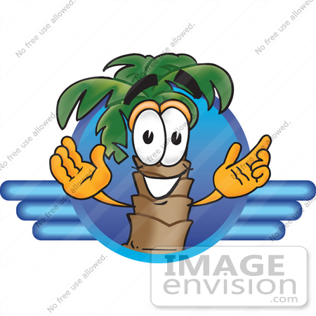 #28072 Clip Art Graphic of a Tropical Palm Tree Cartoon Character on a Blue Logo by toons4biz