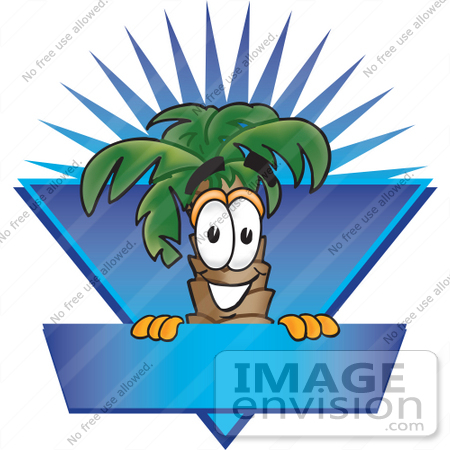 #28073 Clip Art Graphic of a Tropical Palm Tree Cartoon Character Over a Blank Blue Label Logo With a Burst by toons4biz