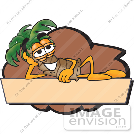 #28076 Clip Art Graphic of a Tropical Palm Tree Cartoon Character Reclining Over a Tan Label by toons4biz