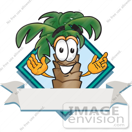 #28077 Clip Art Graphic of a Tropical Palm Tree Cartoon Character on a Blank White Banner Label Logo With a Blue Diamond by toons4biz