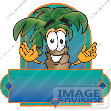 #28078 Clip Art Graphic of a Tropical Palm Tree Cartoon Character On a Blank Label by toons4biz