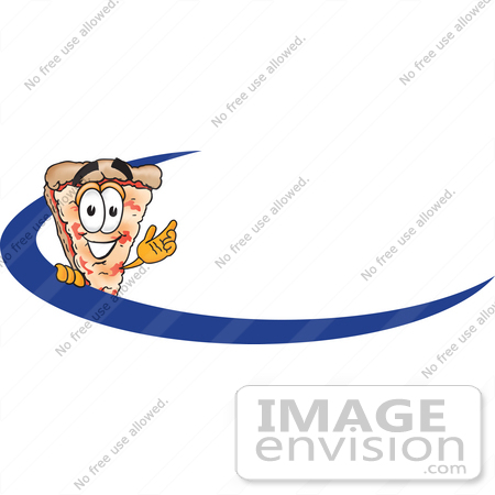 #28079 Clip Art Graphic of a Cheese Pizza Slice Cartoon Character Waving While Standing Behind A Blue Dash On An Employee Nametag Or Business Logo by toons4biz