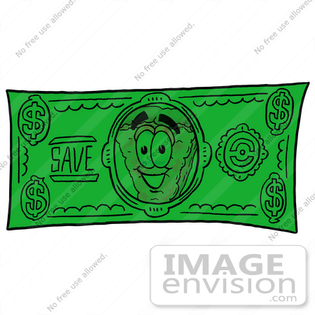 #28080 Clip Art Graphic of a Cheese Pizza Slice Cartoon Character on a Dollar Bill by toons4biz