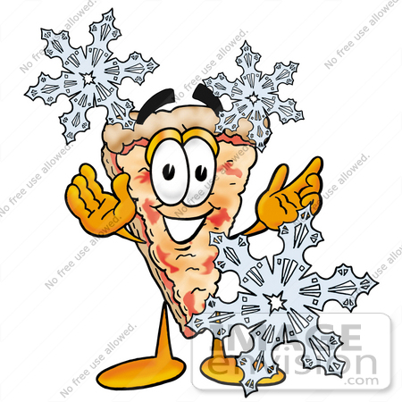 #28081 Clip Art Graphic of a Cheese Pizza Slice Cartoon Character Surrounded by Falling Snowflakes in Winter by toons4biz