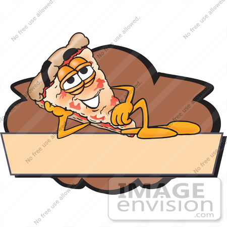 #28083 Clip Art Graphic of a Cheese Pizza Slice Cartoon Character Reclining on a Tan and Brown Logo Label by toons4biz