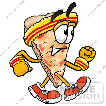 #28084 Clip Art Graphic of a Cheese Pizza Slice Cartoon Character Speed Walking or Jogging by toons4biz