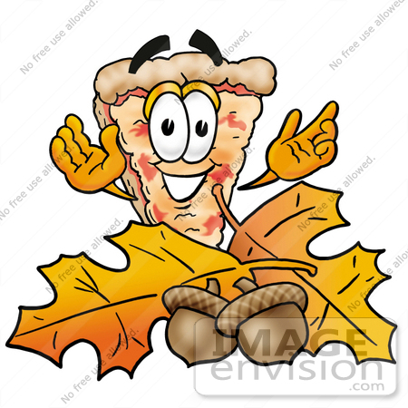 #28086 Clip Art Graphic of a Cheese Pizza Slice Cartoon Character With Autumn Leaves and Acorns in the Fall by toons4biz