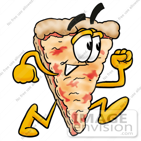 #28088 Clip Art Graphic of a Cheese Pizza Slice Cartoon Character Running Fast by toons4biz