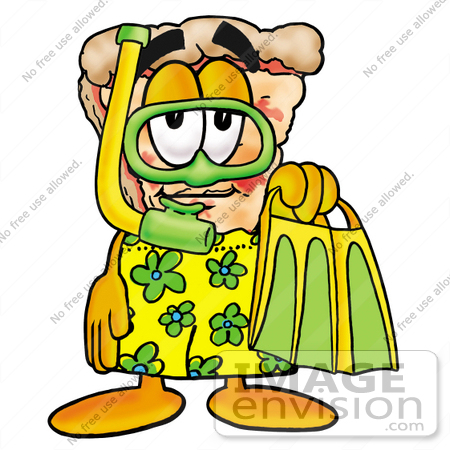 #28090 Clip Art Graphic of a Cheese Pizza Slice Cartoon Character in Green and Yellow Snorkel Gear by toons4biz