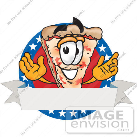 #28091 Clip Art Graphic of a Cheese Pizza Slice Cartoon Character on a Blank American Label With a White Banner, Red Background and White Stars Over Blue by toons4biz