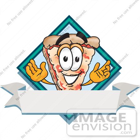 #28092 Clip Art Graphic of a Cheese Pizza Slice Cartoon Character on a Blank Label Logo With a White Banner and Blue Diamond by toons4biz