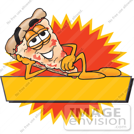 #28095 Clip Art Graphic of a Cheese Pizza Slice Cartoon Character Reclining Over a Blank Yellow Banner in Front of an Orange Burst on a Logo Label by toons4biz
