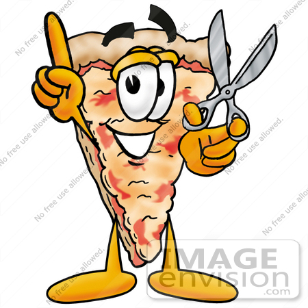 #28096 Clip Art Graphic of a Cheese Pizza Slice Cartoon Character Holding a Pair of Scissors by toons4biz