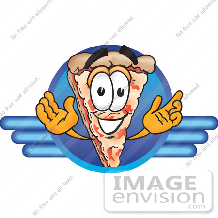 #28099 Clip Art Graphic of a Cheese Pizza Slice Cartoon Character on a Blue Logo by toons4biz