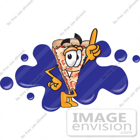 #28100 Clip Art Graphic of a Cheese Pizza Slice Cartoon Character Pointing Upwards and Standing in Front of a Blue Paint Splatter on a Logo by toons4biz