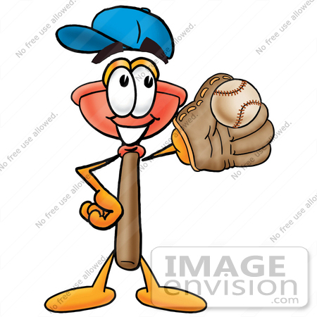 #28102 Clip Art Graphic of a Plumbing Toilet or Sink Plunger Cartoon Character Catching a Baseball With a Glove by toons4biz