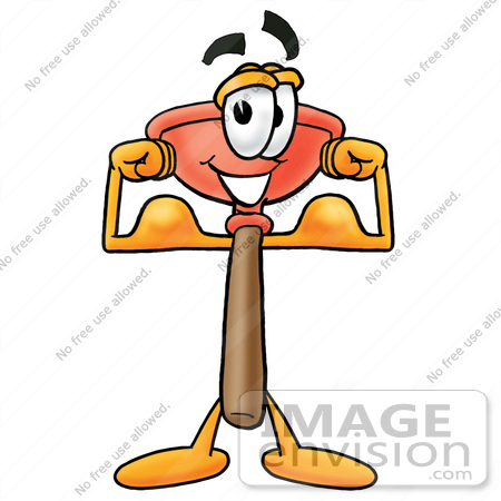 #28103 Clip Art Graphic of a Plumbing Toilet or Sink Plunger Cartoon Character Flexing His Arm Muscles by toons4biz
