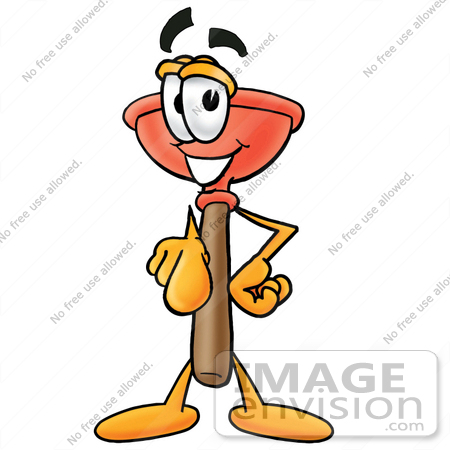 #28104 Clip Art Graphic of a Plumbing Toilet or Sink Plunger Cartoon Character Pointing at the Viewer by toons4biz