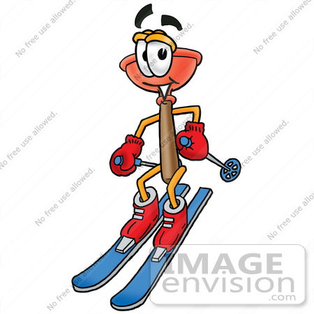 #28106 Clip Art Graphic of a Plumbing Toilet or Sink Plunger Cartoon Character Skiing Downhill by toons4biz