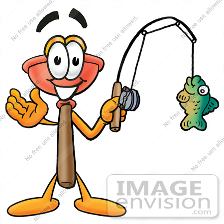 #28107 Clip Art Graphic of a Plumbing Toilet or Sink Plunger Cartoon Character Holding a Fish on a Fishing Pole by toons4biz