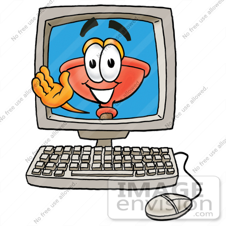 #28108 Clip Art Graphic of a Plumbing Toilet or Sink Plunger Cartoon Character Waving From Inside a Computer Screen by toons4biz