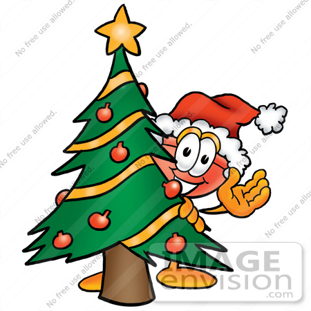 #28109 Clip Art Graphic of a Plumbing Toilet or Sink Plunger Cartoon Character Waving and Standing by a Decorated Christmas Tree by toons4biz