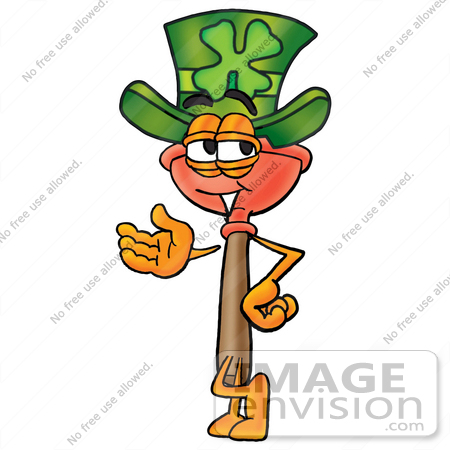 #28111 Clip Art Graphic of a Plumbing Toilet or Sink Plunger Cartoon Character Wearing a Saint Patricks Day Hat With a Clover on it by toons4biz