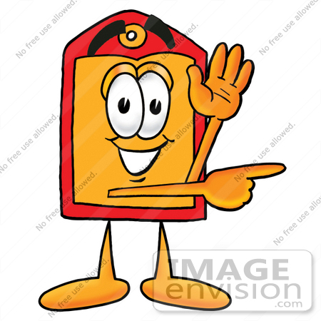 #28113 Clip Art Graphic of a Red and Yellow Sales Price Tag Cartoon Character Waving and Pointing to the Right by toons4biz