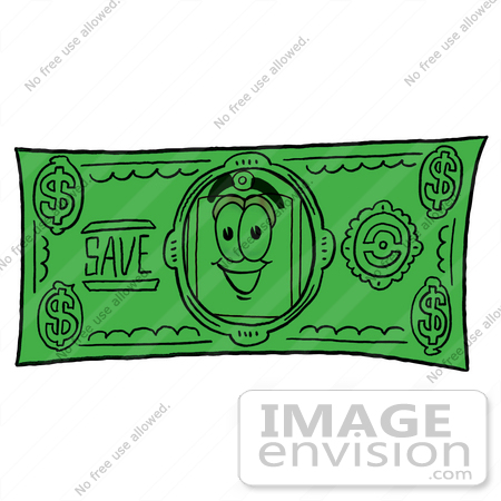 #28117 Clip Art Graphic of a Red and Yellow Sales Price Tag Cartoon Character on a Dollar Bill by toons4biz