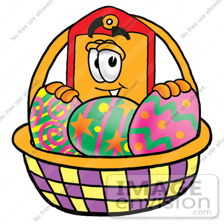 #28118 Clip Art Graphic of a Red and Yellow Sales Price Tag Cartoon Character in an Easter Basket Full of Decorated Easter Eggs by toons4biz
