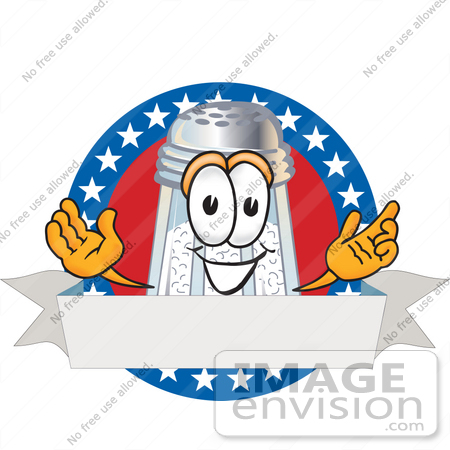 #28122 Clip Art Graphic of a Salt Shaker Cartoon Character on a Blank Logo Label With a White Banner, Red Background and Stars Over Blue by toons4biz