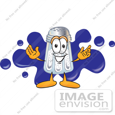 #28123 Clip Art Graphic of a Salt Shaker Cartoon Character Standing in Front of a Blue Paint Splatter on a Logo by toons4biz