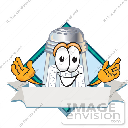 #28127 Clip Art Graphic of a Salt Shaker Cartoon Character Over a Blank White Banner With a Blue Diamond on a Label Logo by toons4biz