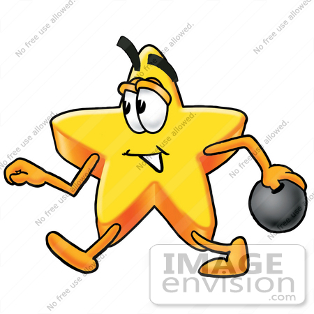 #28129 Clip Art Graphic of a Yellow Star Cartoon Character Striding in an Alley While Preparing to Release a Bowling Ball by toons4biz