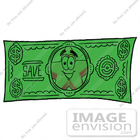 #28130 Clip Art Graphic of a Yellow Star Cartoon Character on the Front of a Green Dollar Bill by toons4biz