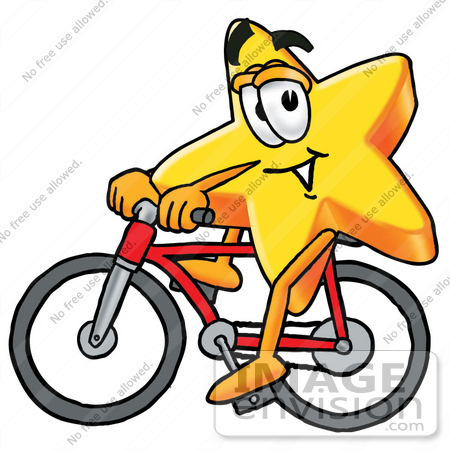 #28131 Clip Art Graphic of a Yellow Star Cartoon Character Riding a Red Bicycle by toons4biz
