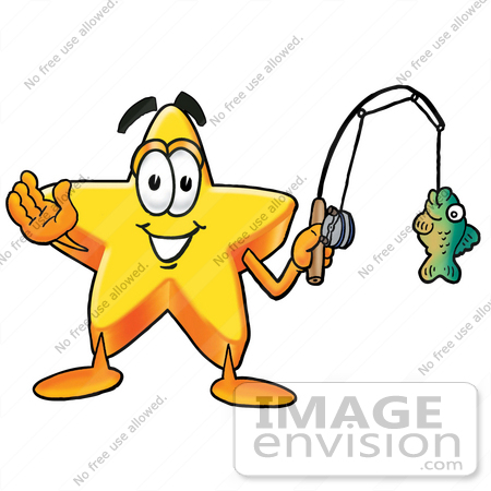 #28134 Clip Art Graphic of a Yellow Star Cartoon Character Holding a Fish on a Fishing Pole While Fishing by toons4biz