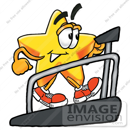 #28135 Clip Art Graphic of a Yellow Star Cartoon Character Getting a Good Workout While Walking on a Treadmill in a Fitness Gym by toons4biz