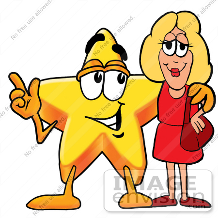 #28137 Clip Art Graphic of a Yellow Star Cartoon Character Talking to a Pretty Blond Woman by toons4biz