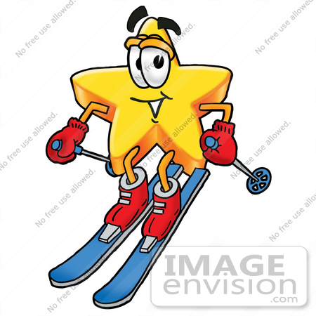 #28140 Clip Art Graphic of a Yellow Star Cartoon Character Skiing Downhill by toons4biz