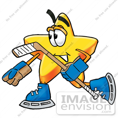 #28141 Clip Art Graphic of a Yellow Star Cartoon Character Skating on Ice Skates and Carrying a Stick During an Ice Hockey Game by toons4biz
